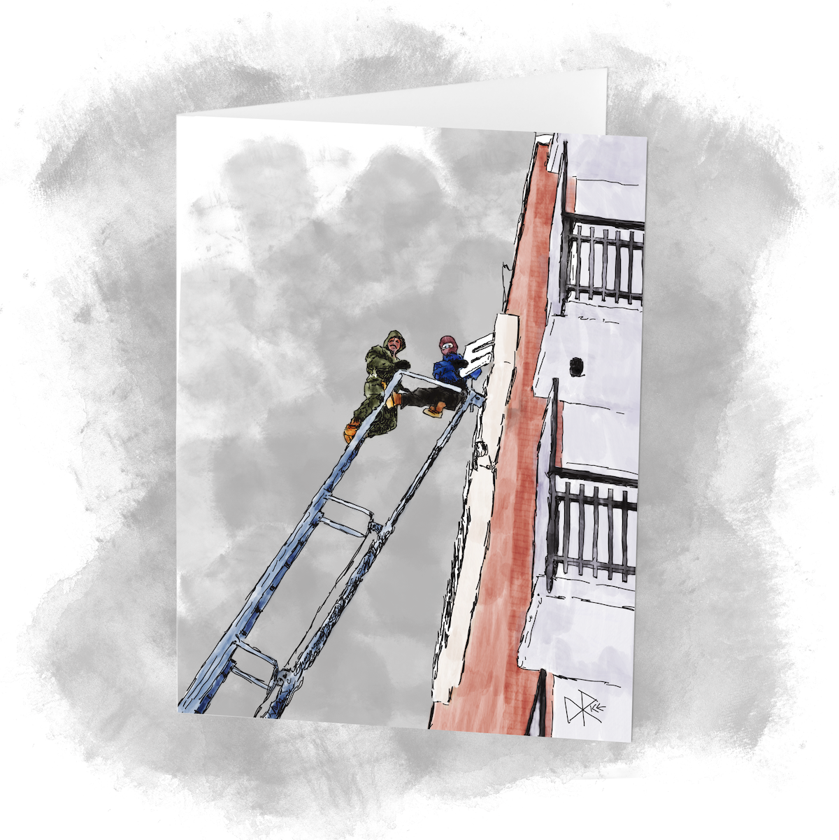 Grounded perspective angle, looking up at two workers on an industrial ladder as they are removing letters from a sign on the wall of a building. Both are bundled in full winter overalls. Sketch art by Don Rice. Grounded perspective angle, looking up at two workers on an industrial ladder as they are removing letters from a sign on the wall of a building. Both are bundled in full winter overalls. Sketch art by Don Rice.