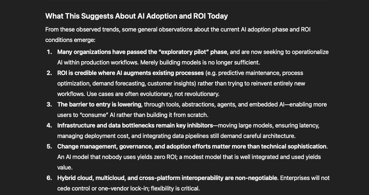 Oracle AI World lineup: we’re beyond exploration and into large-scale embedding of AI—but many challenges remain in execution, scaling, integration, and realizing measurable ROI.