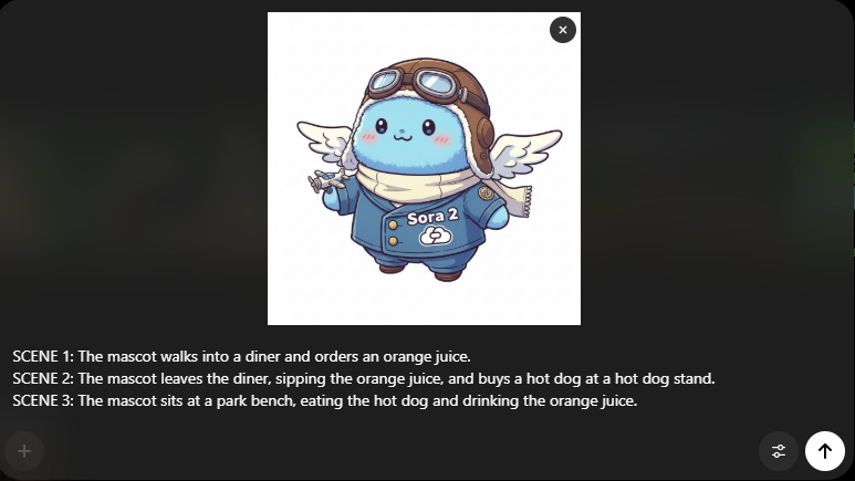 Cute blue mascot with aviator goggles, wings, and a “Sora 2” flight jacket, shown above three scene descriptions about the mascot ordering orange juice, buying a hot dog, and eating at a park bench.