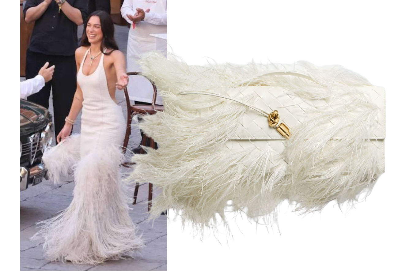 Dua Lipa carrying a Bottega Veneta andiamo clutch
