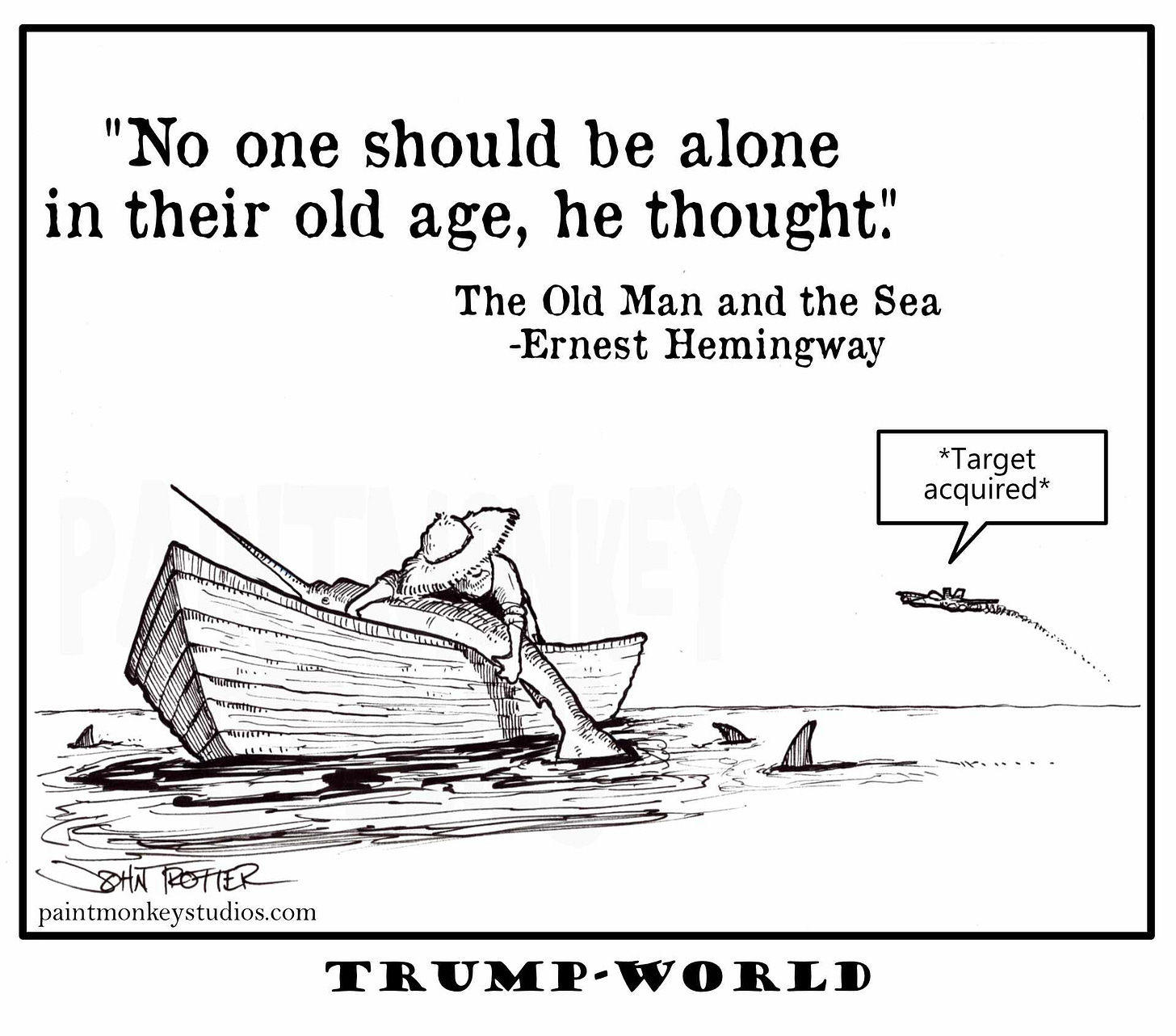 Cartoon of an old man pulling a marlin into his rowboat while a fighter jet approaches.