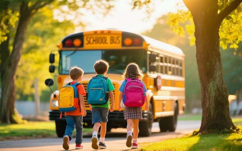 Children Walking Towards a School Bus on a Sunny Day Stock Image - Image of  children, highlighting: 393446869