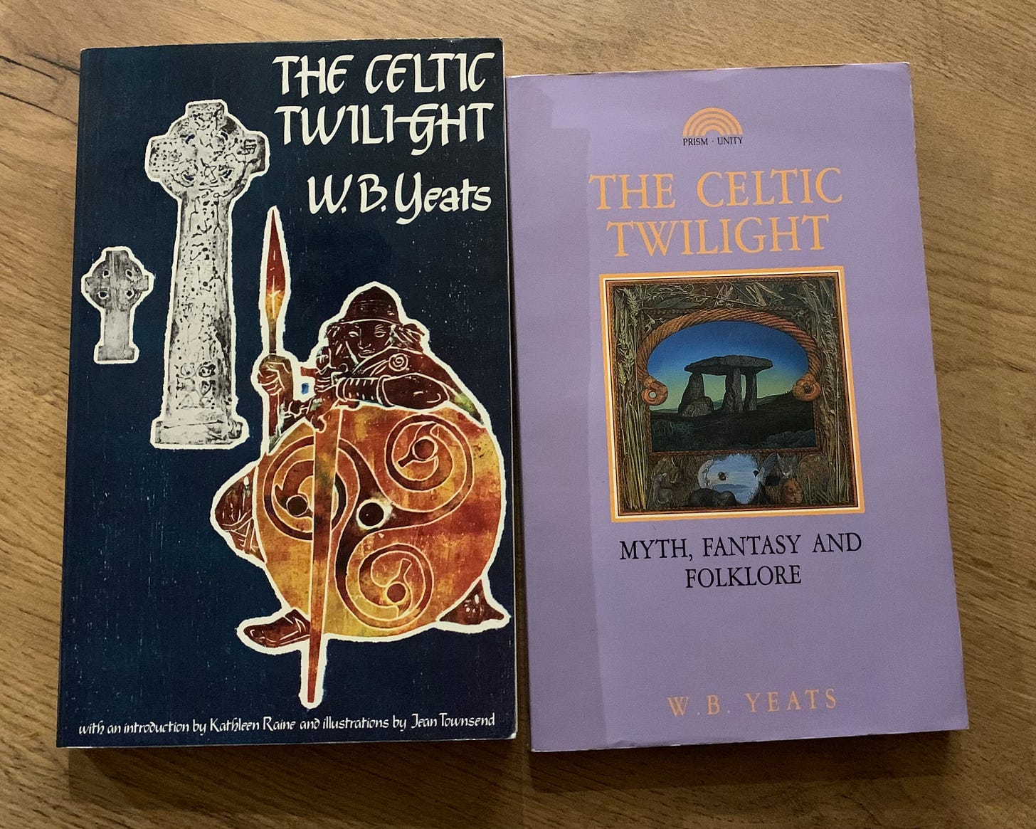 Cover of two Yeats books, The Celtic Twilight. The covers have celtic images and standing stones on the cover.