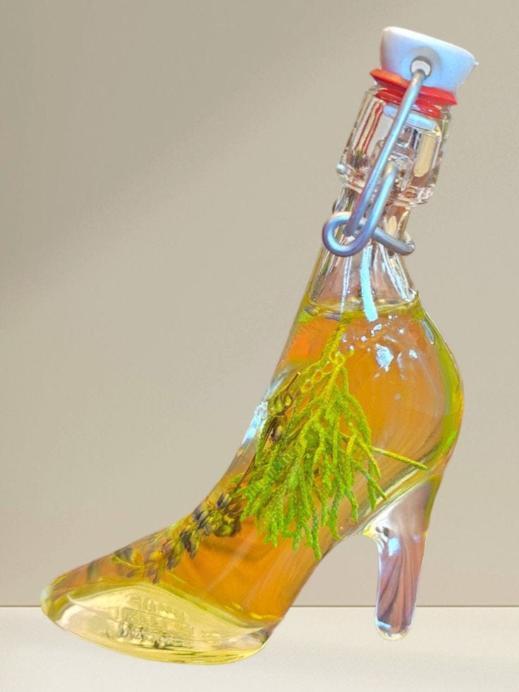 This may contain: a glass shoe shaped like a bottle with a tree inside