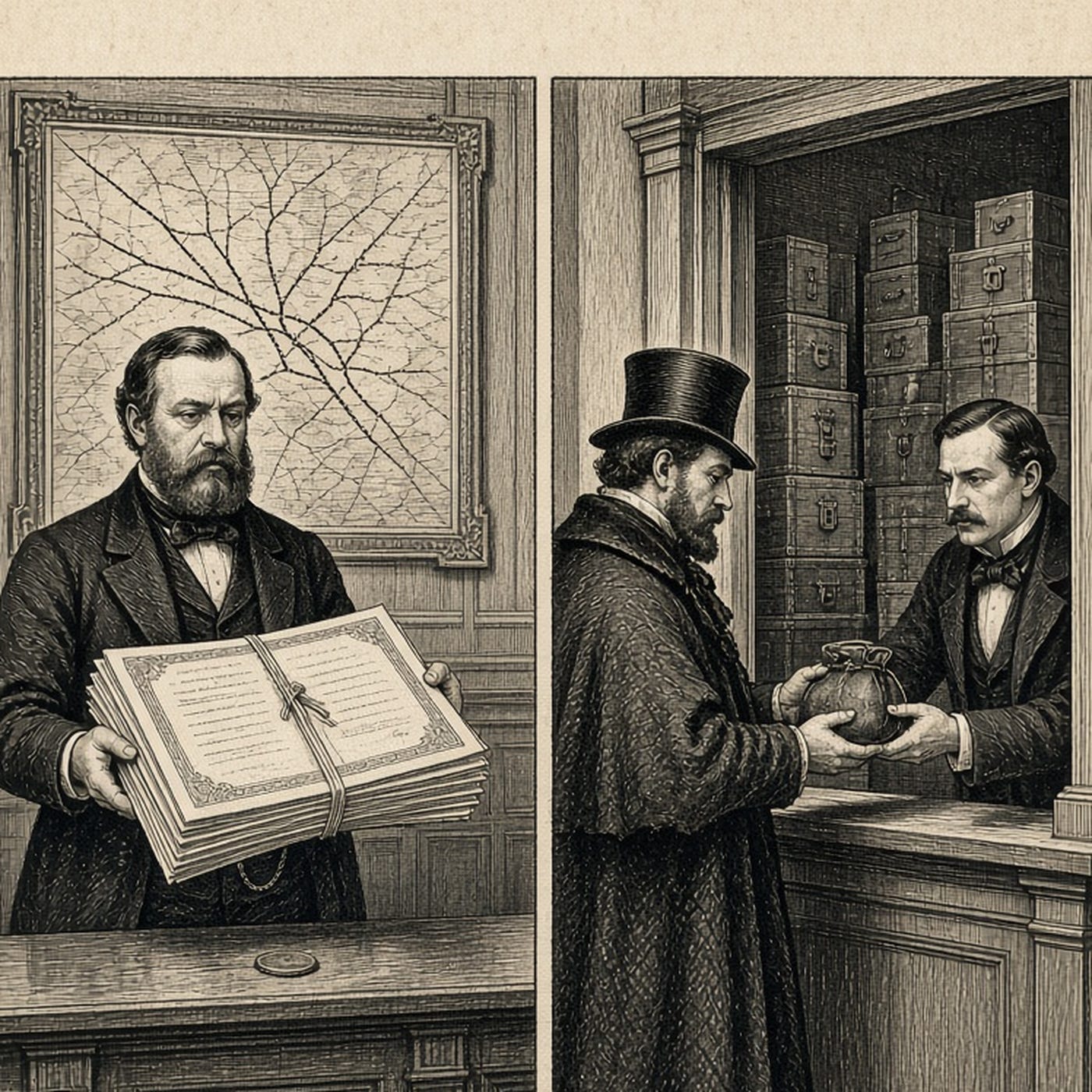 Wood-engraving editorial illustration in the Thomas Nast Harper's Weekly style for Attention Capital's essay Hollywood Copied the Wrong Half of Star Wars, showing two 19th-century pay windows side by side: a railway chairman receiving a sheaf of share certificates beside a single token coin, and a performer at an opera house stage door receiving a heavy purse of coin with strongboxes stacked behind the manager. The image argues Section VI: public companies pay the executive who drives enterprise value in equity, with stock awards at 71.6% of the median S&P 500 CEO package, while entertainment pays the person who drives the audience in guaranteed cash. Keywords: CEO equity compensation, Netflix proxy, executive pay alignment, talent compensation, media finance. Wood-engraving editorial illustration in the Thomas Nast Harper's Weekly style for Attention Capital's essay Hollywood Copied the Wrong Half of Star Wars, showing two 19th-century pay windows side by side: a railway chairman receiving a sheaf of share certificates beside a single token coin, and a performer at an opera house stage door receiving a heavy purse of coin with strongboxes stacked behind the manager. The image argues Section VI: public companies pay the executive who drives enterprise value in equity, with stock awards at 71.6% of the median S&P 500 CEO package, while entertainment pays the person who drives the audience in guaranteed cash. Keywords: CEO equity compensation, Netflix proxy, executive pay alignment, talent compensation, media finance.