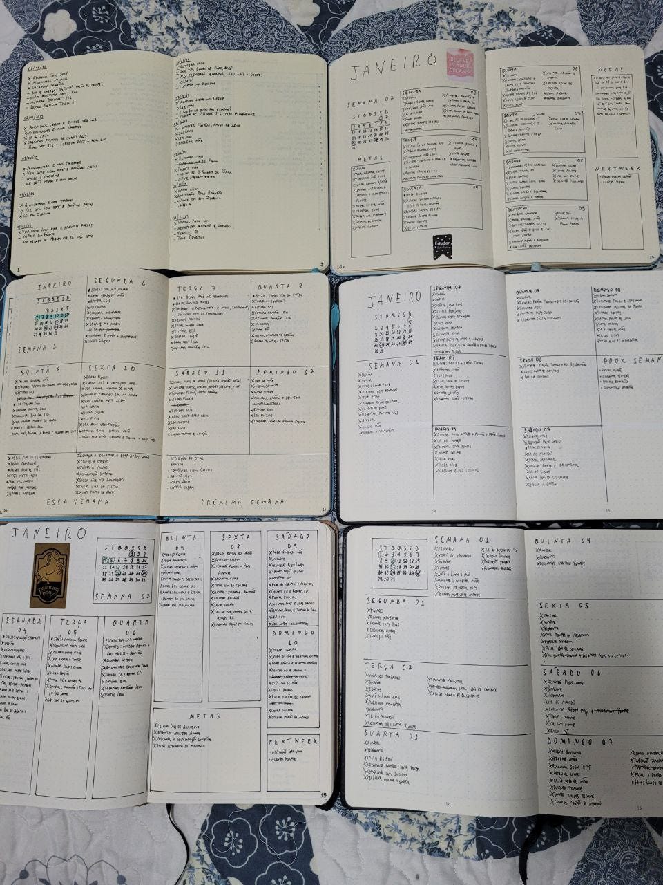 6 cadernos abertos com o planejamento diário, alguns mais estruturados, separados por retas; e outros mais diretos, só a data e os itens. 6 cadernos abertos com o planejamento diário, alguns mais estruturados, separados por retas; e outros mais diretos, só a data e os itens.