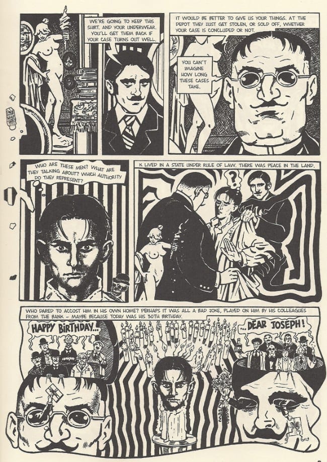 A page from the graphic novel of Kafka’s The Trial: Josef K. faces the warders, and his head stands on a candle. A page from the graphic novel of Kafka’s The Trial: Josef K. faces the warders, and his head stands on a candle.