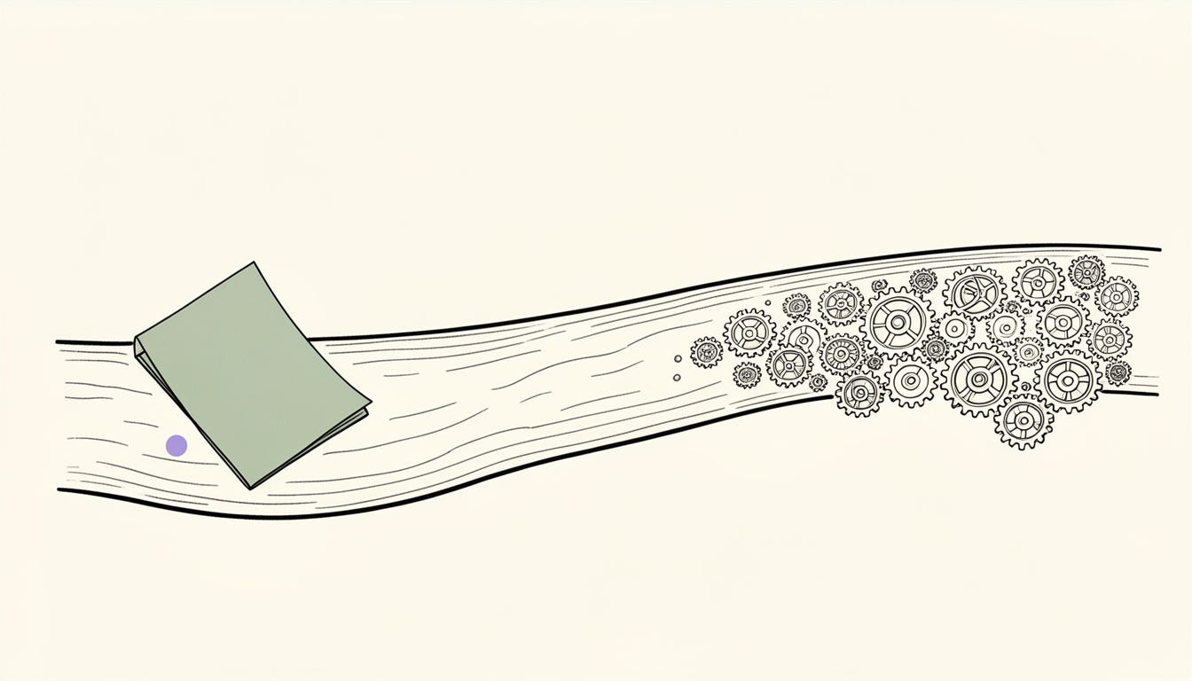 A line drawing of a horizontal stream or river flowing from left to right on a cream background. At the source on the left sits a small folded paper brief filled with sage green, with a lavender dot beside it. Far downstream on the right, a dense cluster of mechanical gears in fine ink line work. Editorial illustration suggesting that the small upstream input determines the complex downstream output.