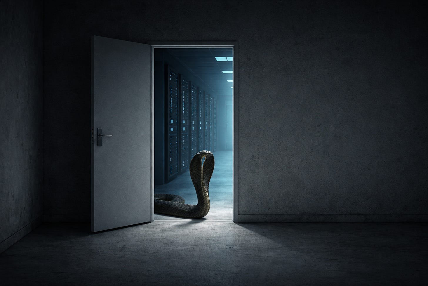 A stark concrete room with a deliberately open white door reveals a cobra halfway through the doorway, its hood flared as it enters a quiet hallway lit by the cold blue glow of server racks.