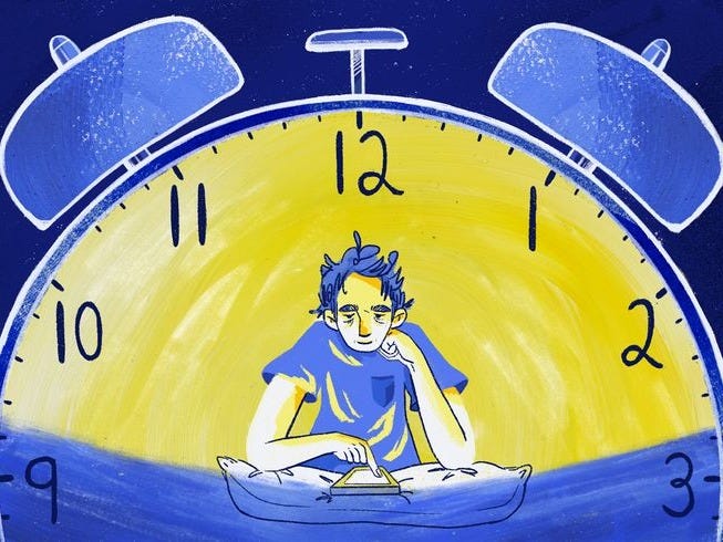 This may contain: a drawing of a man sitting in front of an alarm clock with the time at 11 00 This may contain: a drawing of a man sitting in front of an alarm clock with the time at 11 00