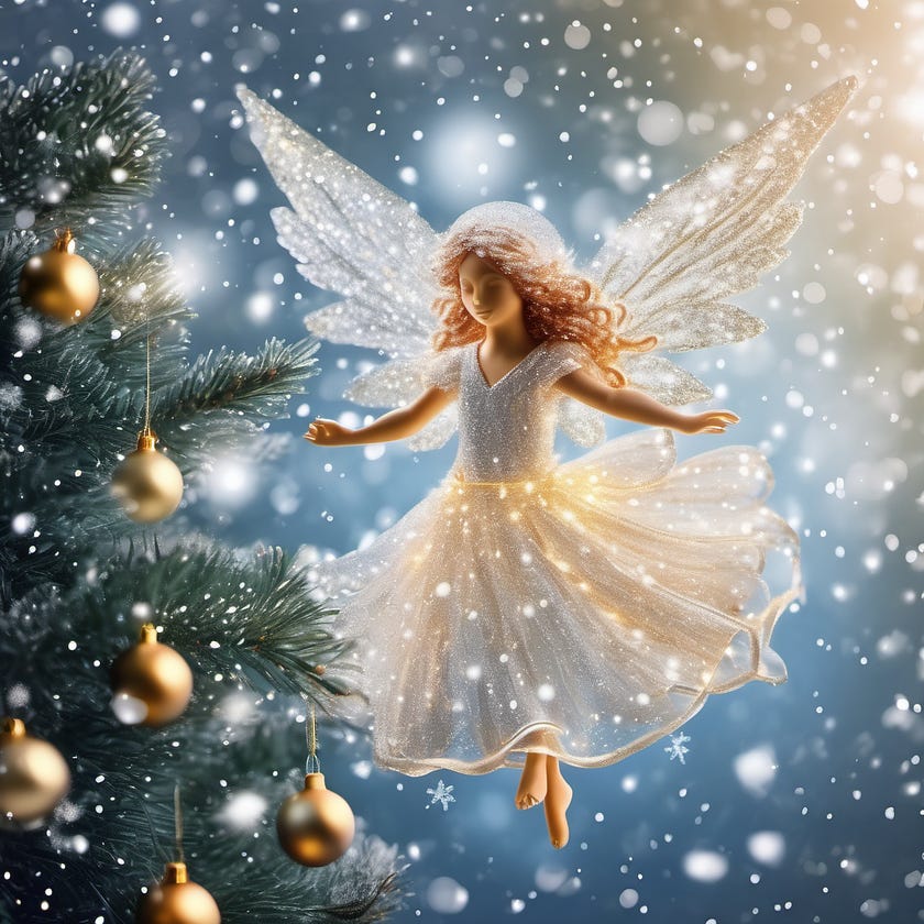 A painting of a little girl angel flitting next to the first Christmas tree and decorating it