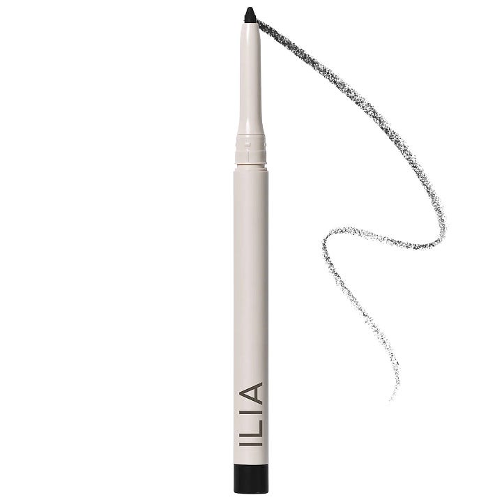 Clinique High Impact Mascara and Ilia Clean Line Gel Eyeliner bottles side by side for a mascara free sensitive eye makeup routine