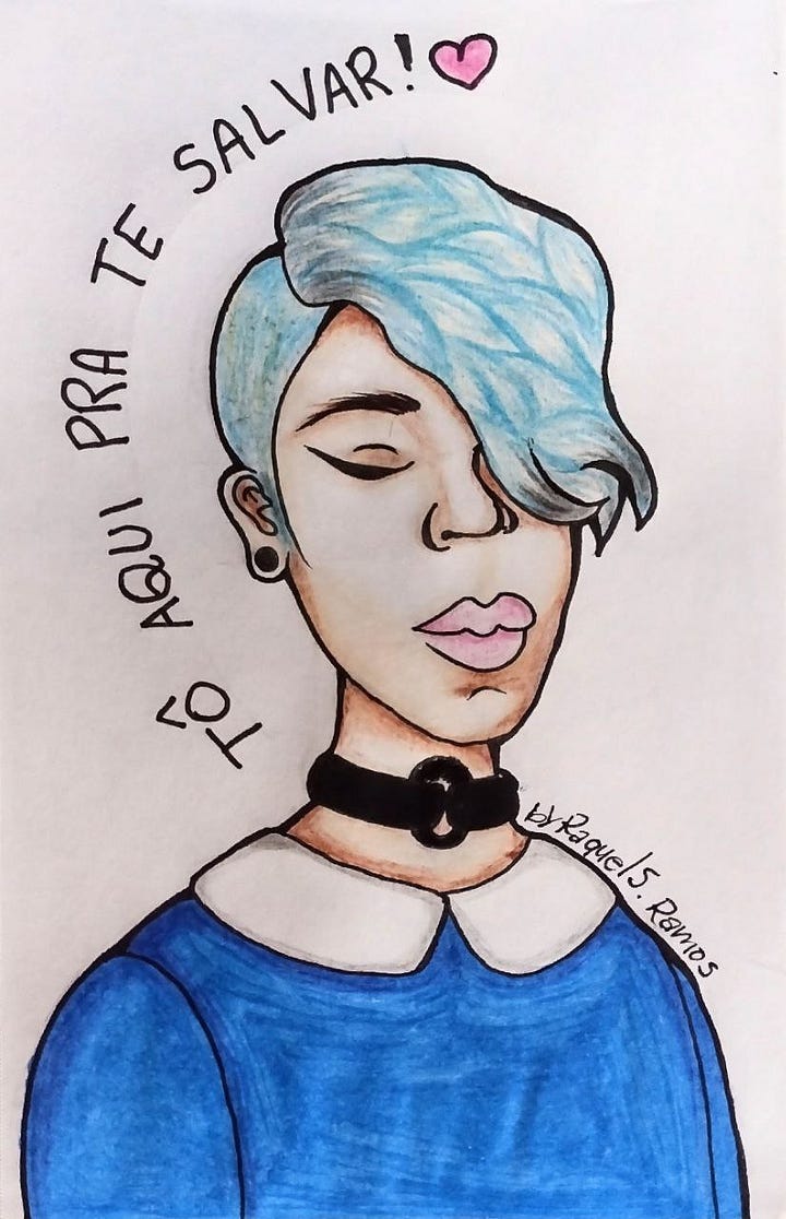 Diversas versões da mesma imagem: A imagem é um desenho feito a mão de uma mulher com cabelo azul esverdeado. O cabelo é curto, com franja comprida sobre o olho direito. Ela usa um colar preto tipo gargantilha e um brinco preto pequeno. A mulher está usando uma blusa azul-escura com gola branca.