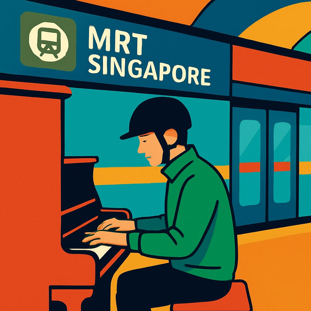 Grab rider wearing a green jacket and black helmet playing piano in an MRT station, flat vector art.