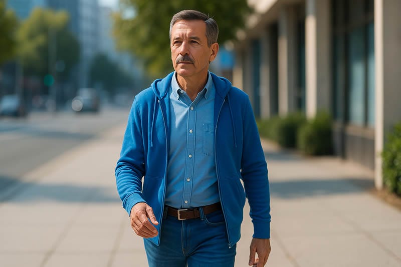 Fotografía realista horizontal que muestra a un hombre senior caminando con determinación por una calle urbana iluminada, representando el impulso de dejar de posponer las cosas para crear tu proyecto digital, con actitud positiva, confianza y decisión.
