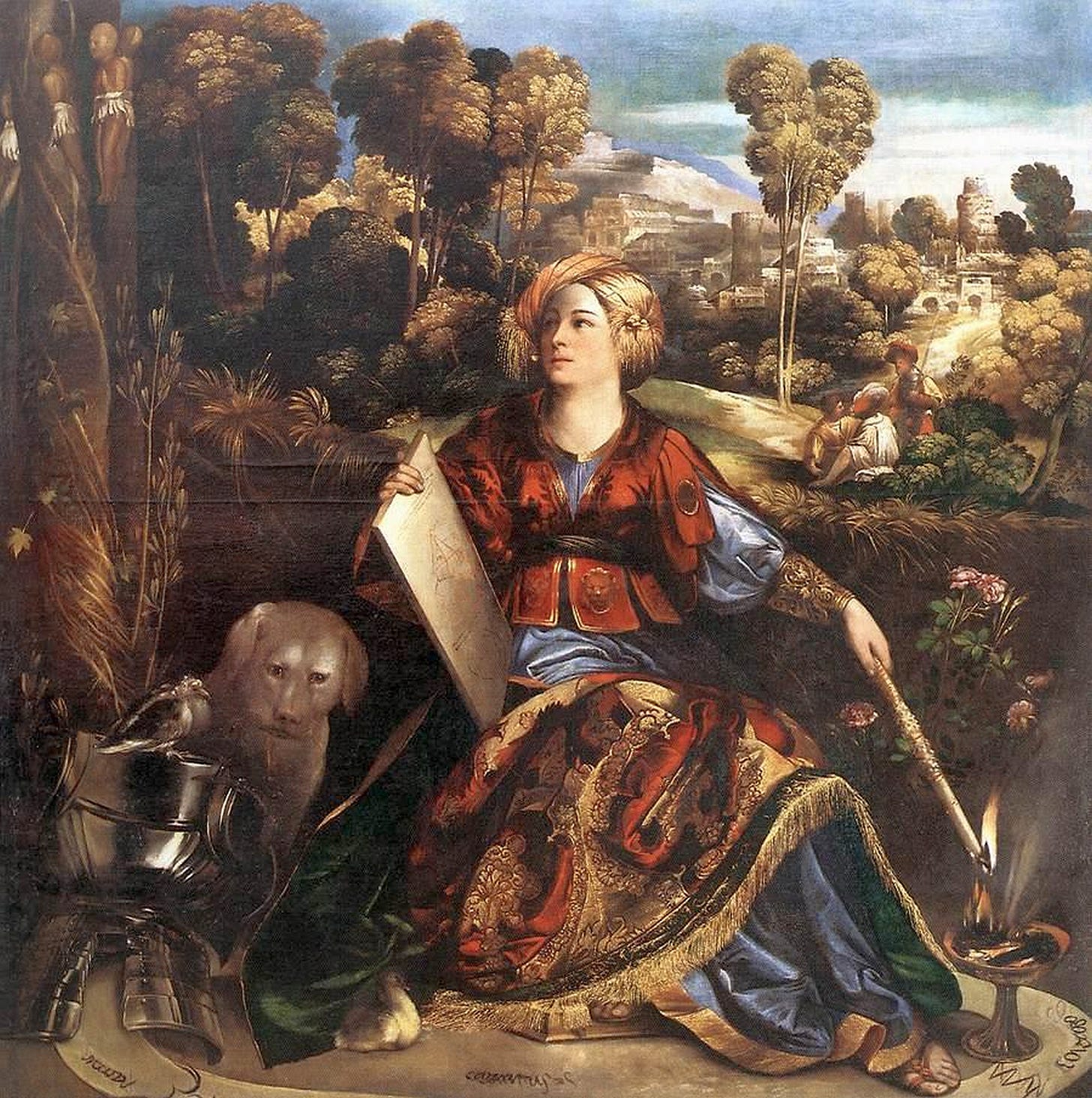 A sorceress in a richly patterned red and gold robe sits inside a magic circle drawn on the ground, holding a tablet of signs, beside a large dog, with small figures hanging from a tree behind her.
