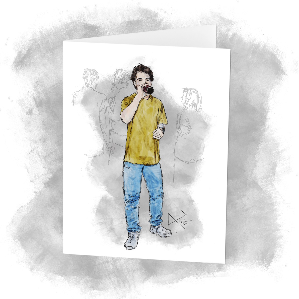 A man in jeans and t-shirt stands at a party while taking a deep drink from a beer, the bottle obscuring much of his face. Sketch art by Don Rice. A man in jeans and t-shirt stands at a party while taking a deep drink from a beer, the bottle obscuring much of his face. Sketch art by Don Rice.
