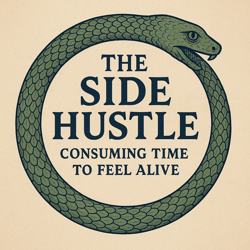 Digital ouroboros symbol representing the cycle of ambition and exhaustion, inspired by the modern side hustle.