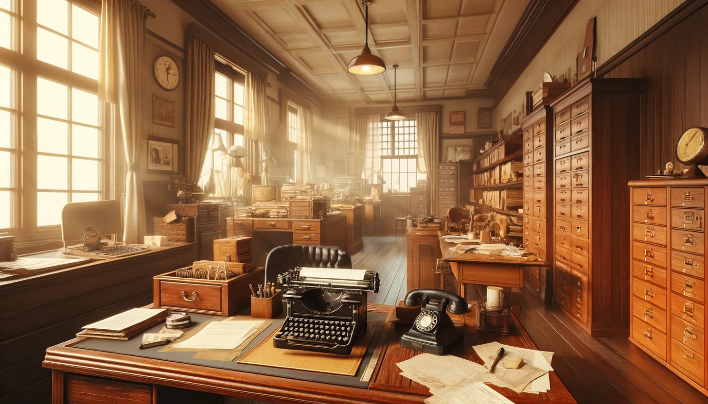 A classic old office scene with wooden desks, vintage typewriters, rotary telephones, filing cabinets, and shelves filled with books and papers. The room has a warm, nostalgic feel with soft, yellowish lighting, old-style ceiling fans, and large windows with curtains. There are scattered papers and stationery on the desks, and an old clock on the wall. The office should have a retro aesthetic, reflecting the style of the 1940s or 1950s.