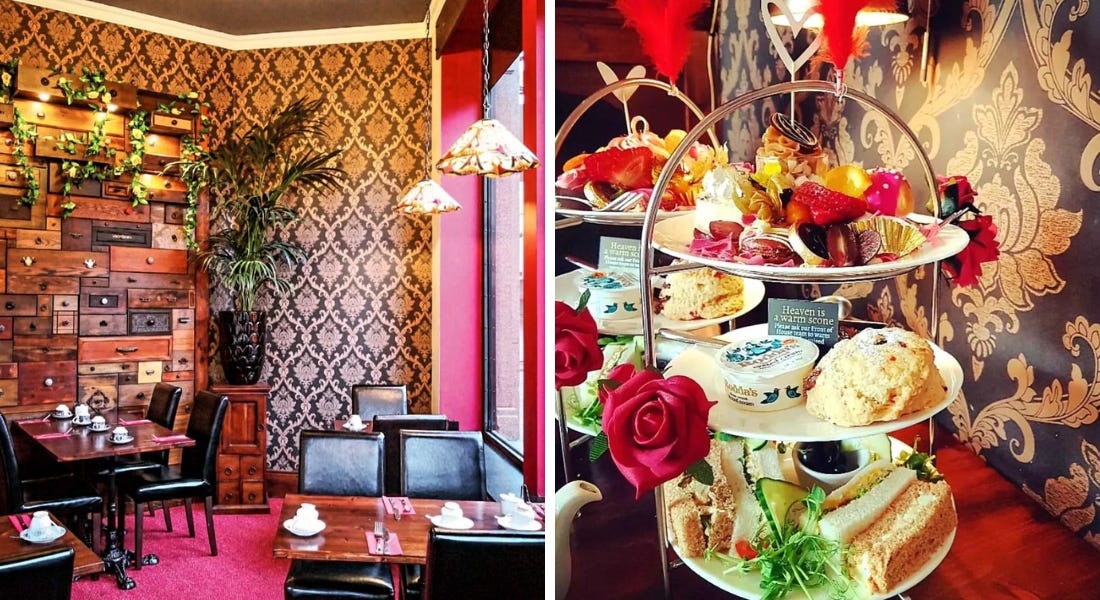 Two pictures - one of a red and wooden interior with dining tables and one of two afternoon tea stands with scones, sandwiches, and roses on them Two pictures - one of a red and wooden interior with dining tables and one of two afternoon tea stands with scones, sandwiches, and roses on them