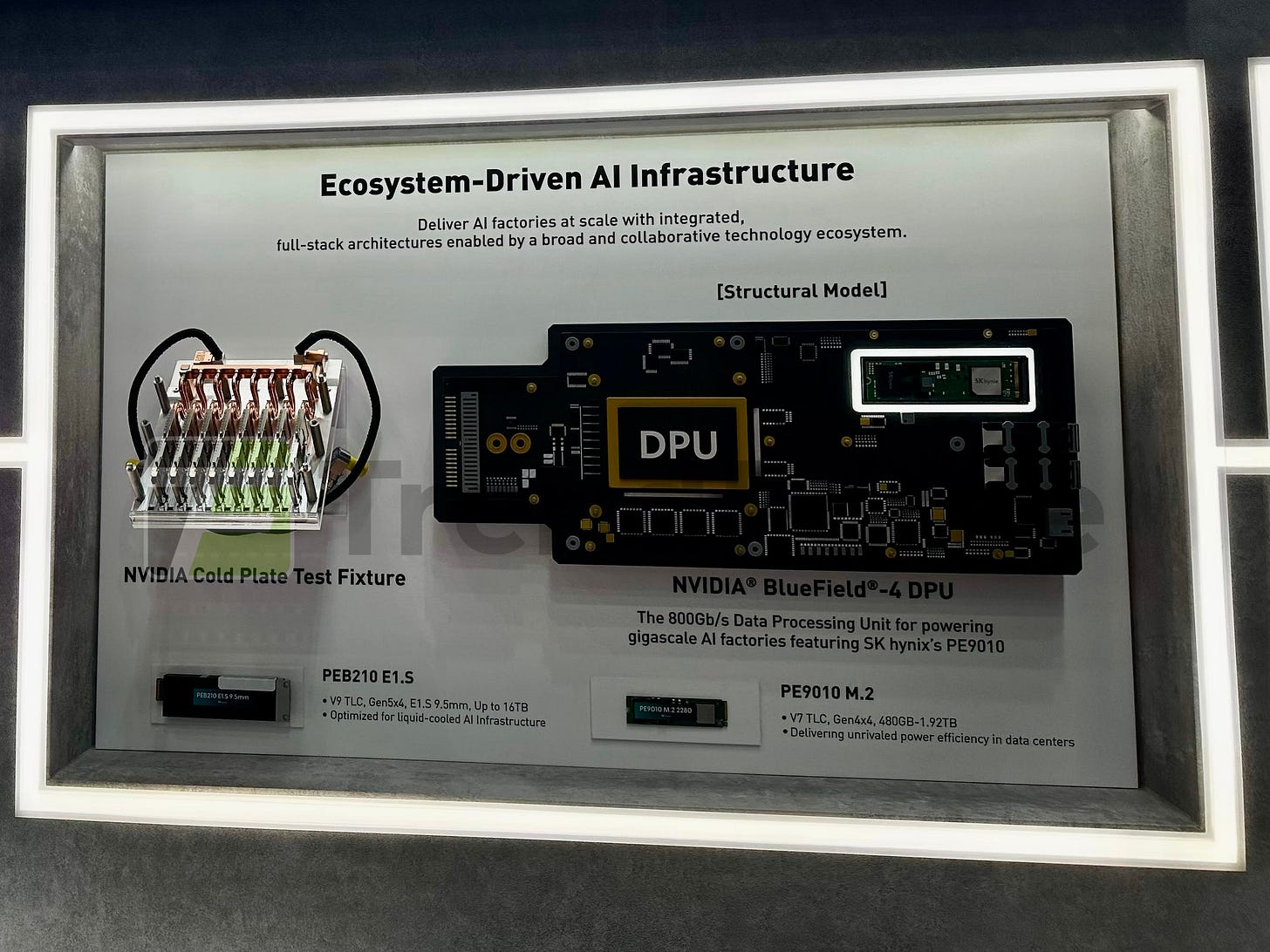 Nvidia BlueField-4 DPU structural model showcased at COMPUTEX 2026, featuring SK hynix's PEB210 E1.S and PE9010 M.2 SSD samples. Nvidia BlueField-4 DPU structural model showcased at COMPUTEX 2026, featuring SK hynix's PEB210 E1.S and PE9010 M.2 SSD samples.