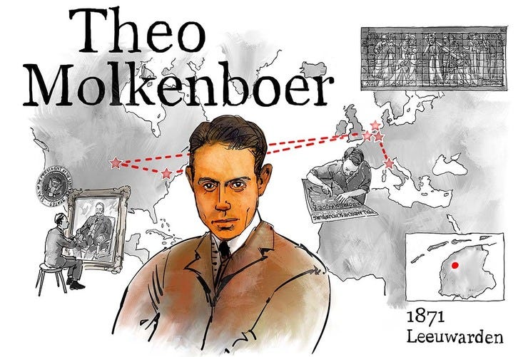 Theo Molkenboer en de reizen die hij maakte (Illustratie: Gert-Jan Veenstra)