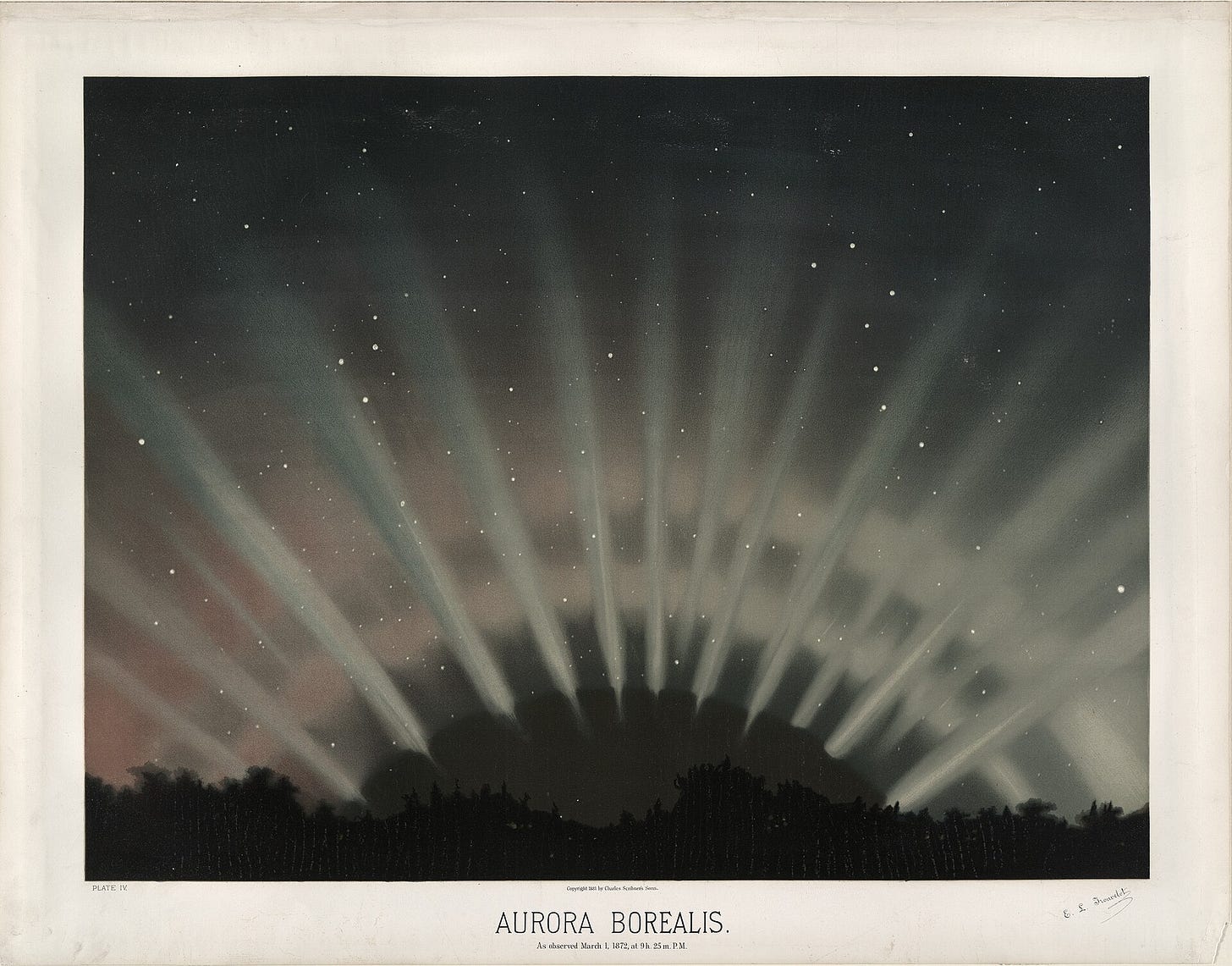 A dark night sky over a flat snowy horizon, filled with tall vertical rays of red and pale green light rising from a glowing arc.