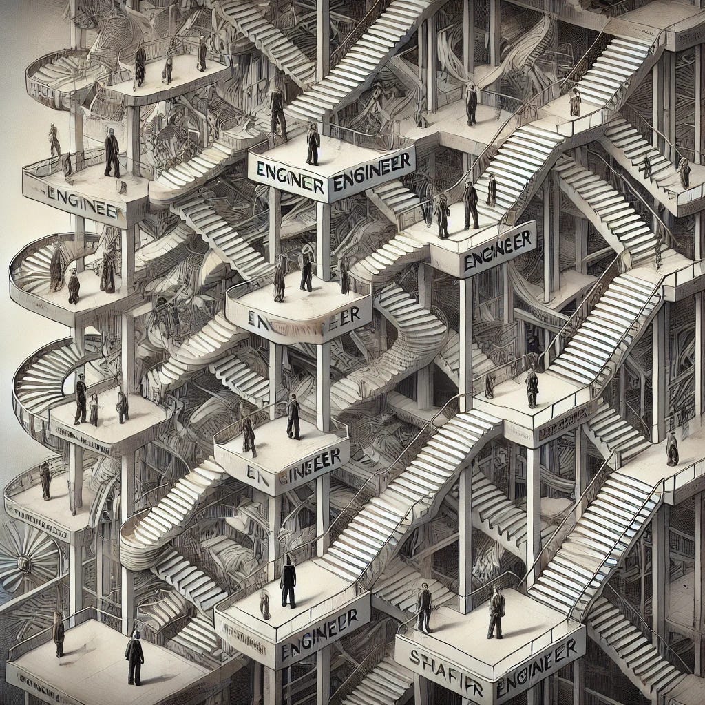 An Escher-inspired illustration of scaling engineering teams and building career ladders. The image features an intricate, surrealistic labyrinth of interconnected stairs and ladders, each step labeled with career levels like 'Engineer', 'Senior Engineer', 'Staff Engineer', and 'Principal Engineer'. Engineers in modern attire are seen ascending, descending, and collaborating on different levels. The structure defies gravity and perspective, with staircases looping impossibly in all directions. The color scheme is a mix of monochromatic tones with subtle technological highlights, evoking a sense of both complexity and inspiration.
