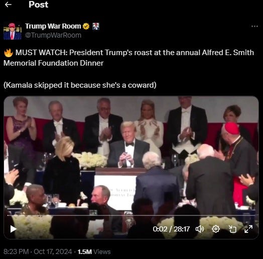 Trump Brutally Roasts Dems; Schumer Shocked, Kamala 'No Show' At Al Smith Dinner.