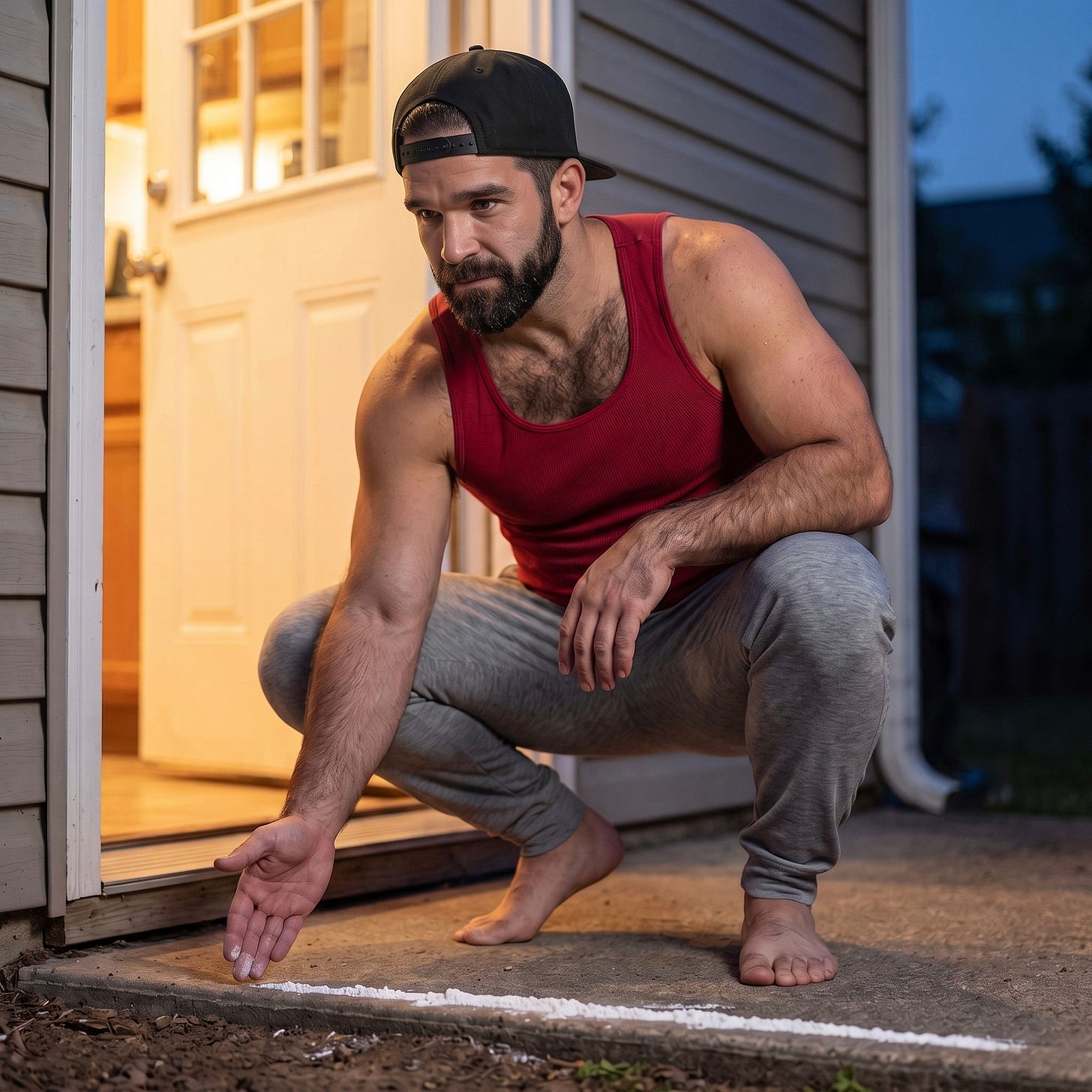 Mitch squats barefoot by his back step, carefully spreading a thin, correct line of powdered sugar and baking soda to bait ants. Mitch squats barefoot by his back step, carefully spreading a thin, correct line of powdered sugar and baking soda to bait ants.