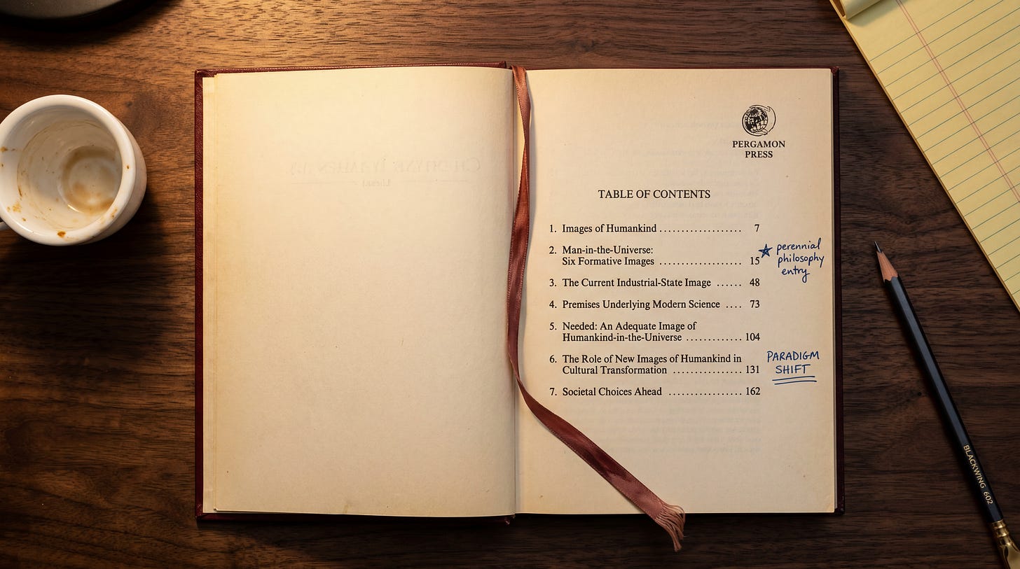 An overhead photograph of an open 1982 hardcover edition of Changing Images of Man, turned to the table of contents page. The book lies on a walnut desk under warm lamplight, with a faded oxblood silk ribbon bookmark, a Blackwing pencil, and an empty espresso cup arranged in editorial still-life. Handwritten researcher's annotations in blue ballpoint ink are visible in the right margin, including a star beside Chapter 2's entry and the words "PARADIGM SHIFT" underlined beside Chapter 6.