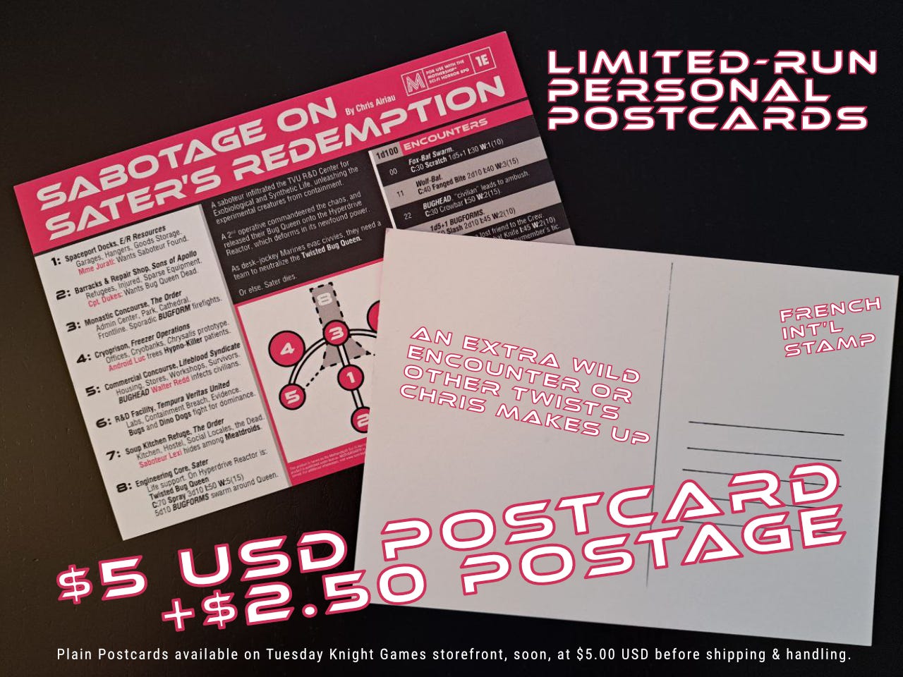 a couple of postcards on a table, showing front and back. Text is super-imposed, reading, “Limited-run personal postcards. $5 USD + 2.50 postage. French international stamp. An extra wild encounter or other twists Chris makes up. Plain postcards available on Tuesday Knight Games storefront toon, at $5.00 USD before shipping & handling.”