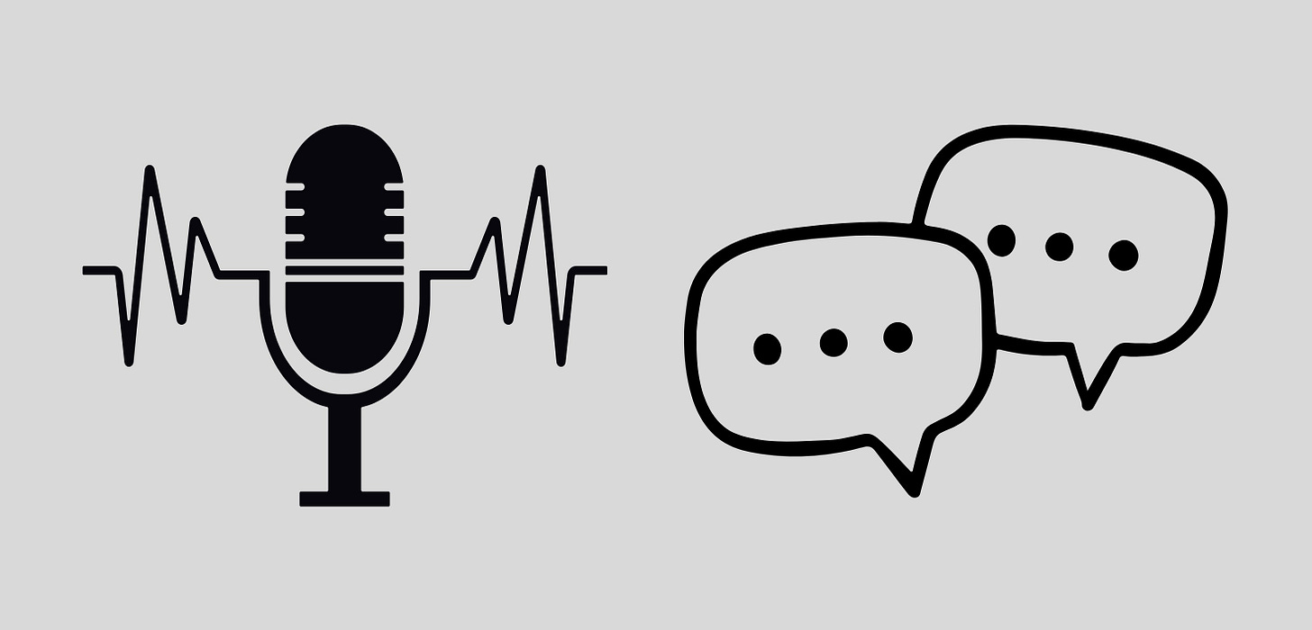 On the left a graphic of a microphone with sound emanating from it and on the right graphics of two comment thought bubbles.