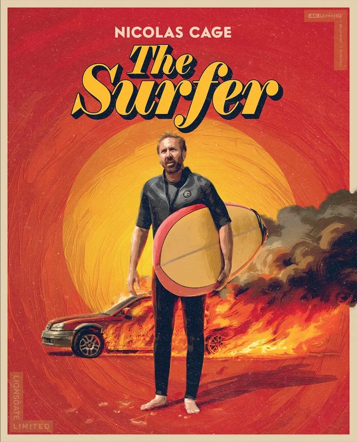 Slipcover Artwork Alt text: Cover art for Lionsgate Limited’s 4K UHD Blu-ray of Nicolas Cage’s “The Surfer,” featuring Cage in a wetsuit holding a surfboard with a blazing car in the background against an oversized sun illustration.