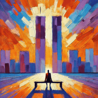 An abstract painting depicting a figure sitting on a bench facing the Twin Towers against a vibrant sunset background with vivid orange, purple, and blue colors.