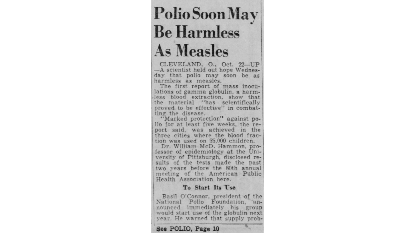 Newspaper headline stating “Polio Soon May Be Harmless As Measles,” comparing polio to measles as a mild benchmark.