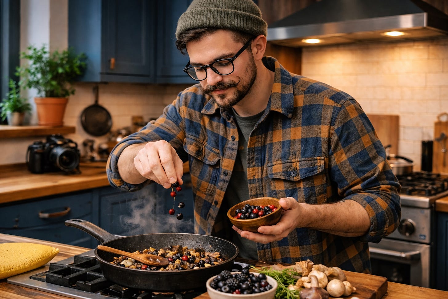 A young man with a curled mustache and thick glasses cooks a simple meal of mushrooms and berries in a blue-and-yellow kitchen, with a DSLR camera resting on the counter behind him.