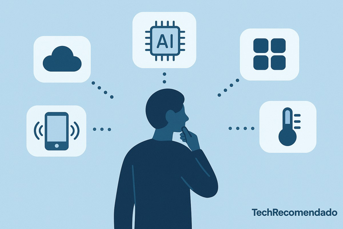 Persona rodeada de iconos tecnológicos desconectados, representando el desconocimiento del funcionamiento digital
