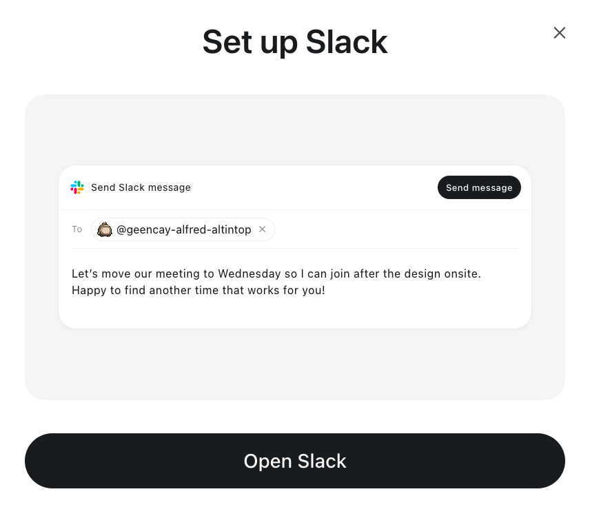 Set up Slack confirmation with a sample message and the Open Slack button