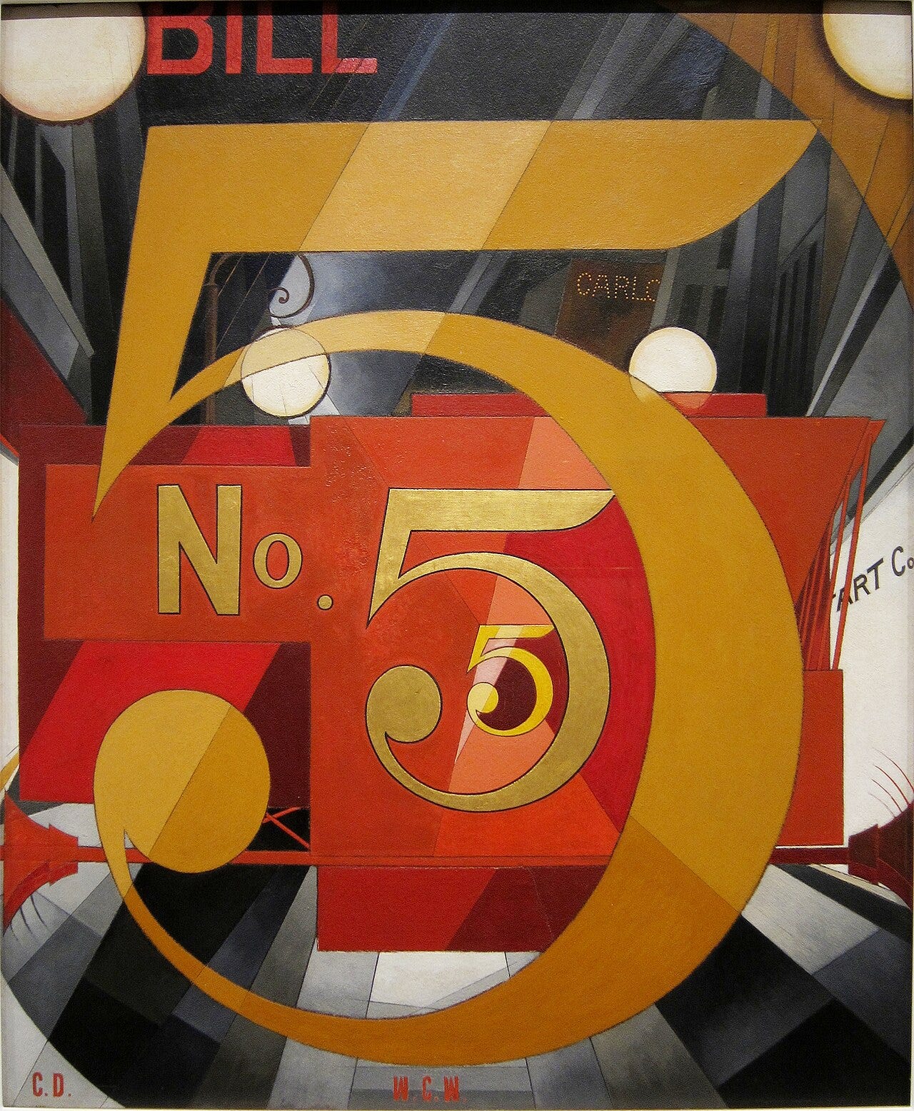 Charles Demuth painting I Saw the Figure 5 in Gold, a bold gold number 5 over red shapes and city signage, 1928 Charles Demuth painting I Saw the Figure 5 in Gold, a bold gold number 5 over red shapes and city signage, 1928