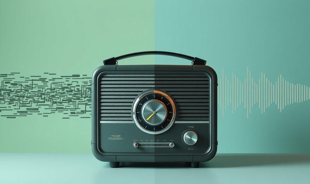 Radio with tuning dial showing transition from static noise on left to clear signal on right, representing finding clarity within inner chaos and noise