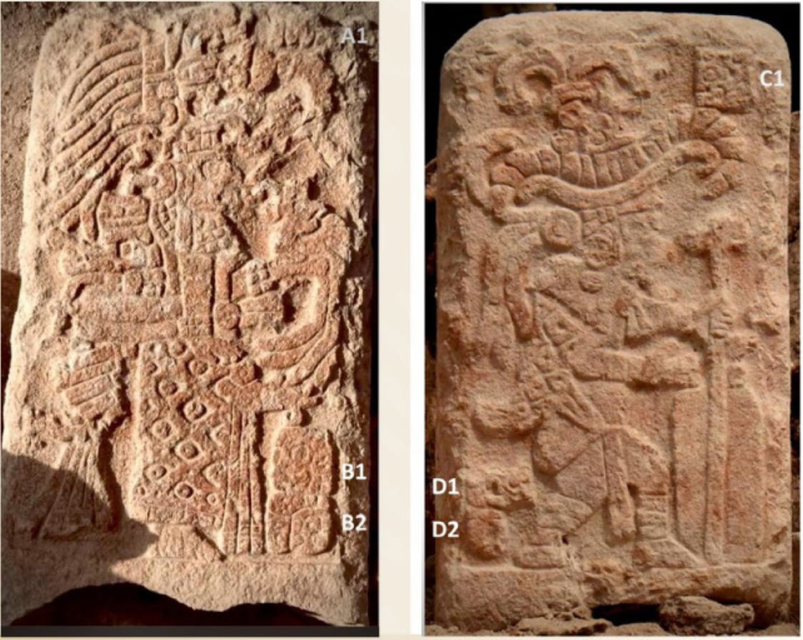 Two views of an ancient stele with letters and numbers intended to denote certain markings. Both sides depict heavily weathered deities. Two views of an ancient stele with letters and numbers intended to denote certain markings. Both sides depict heavily weathered deities.