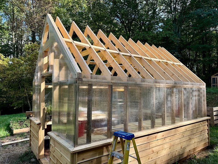 Mosaic of images showing polycarbonate panels being added to a greenhouse.
