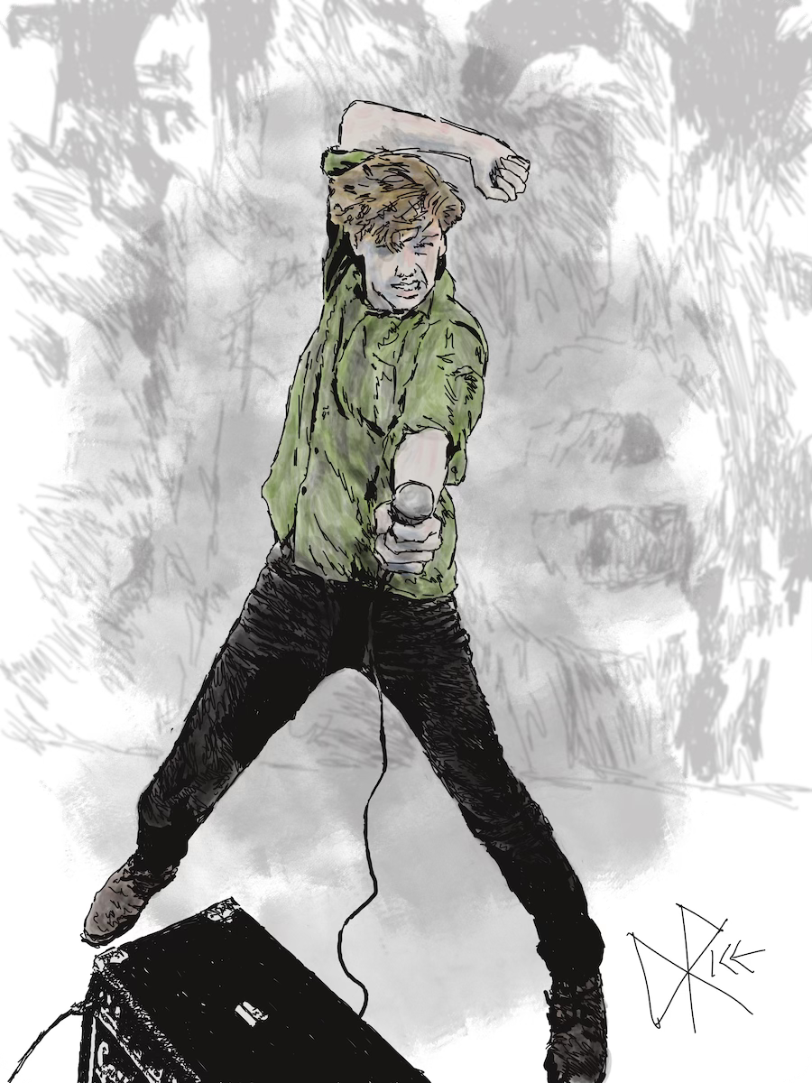 Rockin’ Art Performance! A man stands with legs spread wide and holding a microphone in one hand. Sketch art by Don Rice.