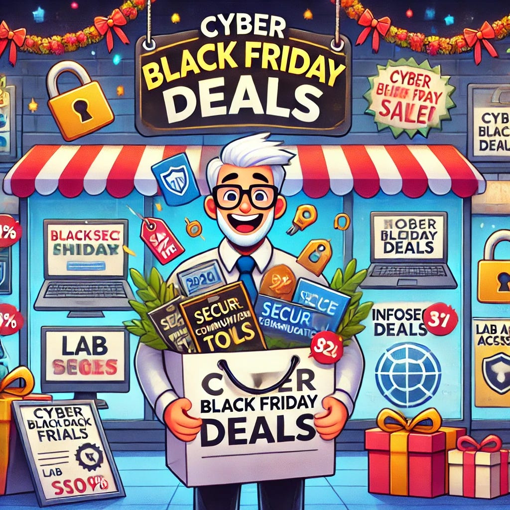 A vibrant, cartoon-style illustration for a blog article about Black Friday cybersecurity deals. The scene shows a busy digital marketplace, where various cybersecurity items like certifications, tools, and lab access icons are on sale with discount tags. In the foreground, a happy cybersecurity professional, holding a shopping bag filled with items like secure communication tools, training certificates, and lab access keys, is excitedly looking at a 'Cyber Black Friday Deals' sign. The background features festive holiday elements, such as banners that say '2024 InfoSec Deals' and small icons representing cybersecurity, like locks, shields, and computers. The overall mood is festive, energetic, and conveys a sense of smart shopping and budget maximization in cybersecurity.