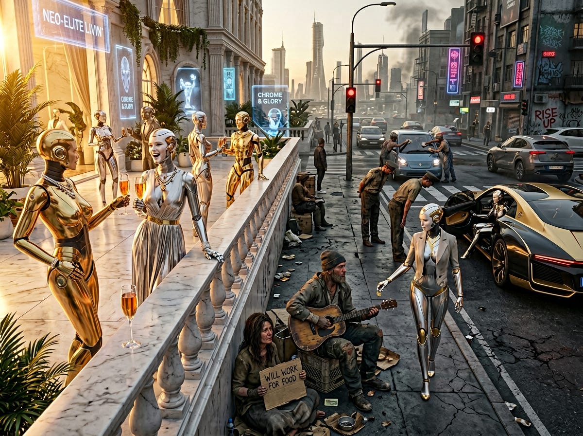 A futuristic city scene showing wealthy humanoid robots socializing on a luxury terrace while homeless humans sit on the street below holding signs and playing music for spare money. A robot steps out of a sleek car and hands something to a human musician. Neon signs advertise elite robot lifestyles, highlighting the contrast between affluent AI beings and struggling humans.