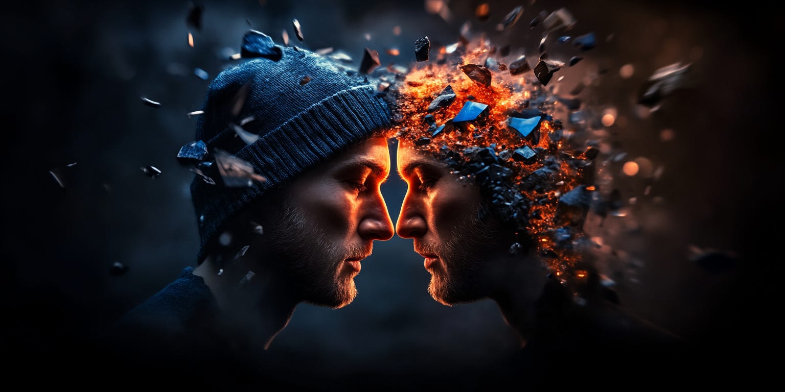 A surreal mirrored face split vertically - one half is a realistic human profile, the other half is a shattered/fragmented reflection of the same profile, set against a deep cosmic gradient background. Minimalist style with clean lines.
