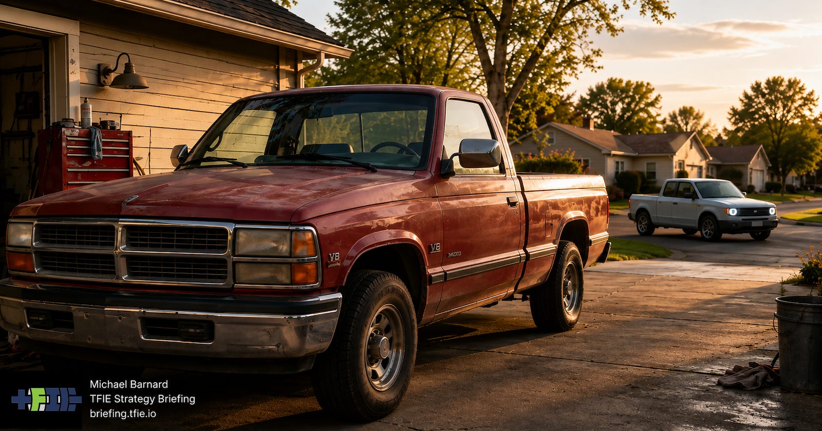 A well-maintained mid-1990s pickup sits in an ordinary American driveway, while a small modern electric pickup approaches on the street beyond, representing vehicle-fleet turnover happening one household decision at a time. A well-maintained mid-1990s pickup sits in an ordinary American driveway, while a small modern electric pickup approaches on the street beyond, representing vehicle-fleet turnover happening one household decision at a time.