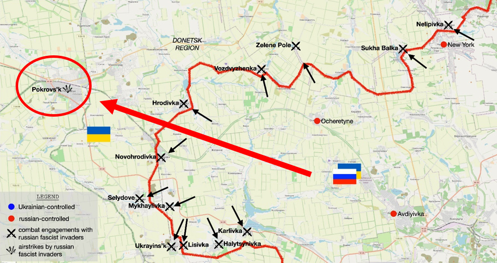 Mapa com o avanço russo para Pokrovsk