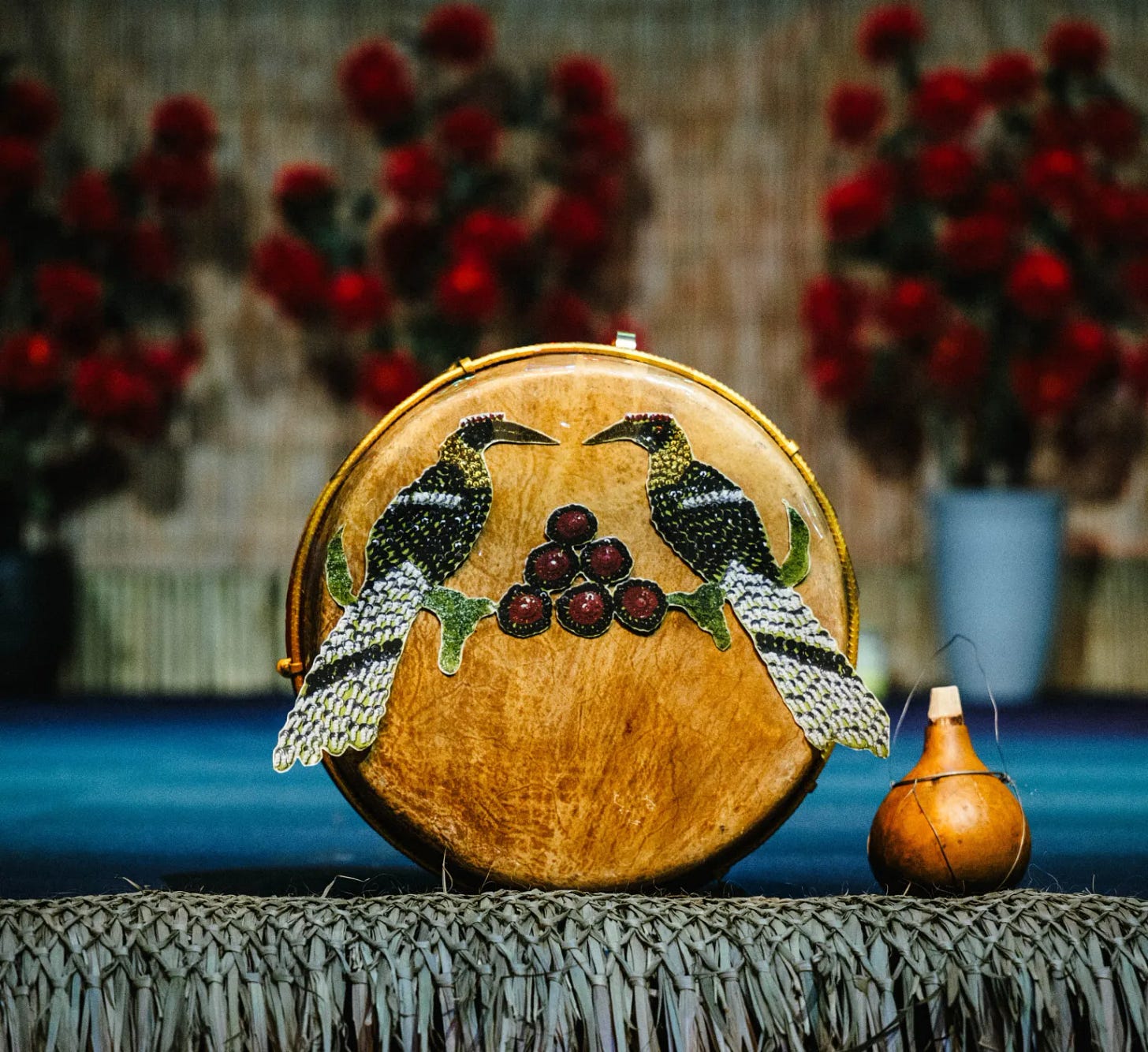 A decorative piece sits on the front of the stage at Chin Evangelical Baptist Church during a celebration of the 78th Chin National Day. A decorative piece sits on the front of the stage at Chin Evangelical Baptist Church during a celebration of the 78th Chin National Day.